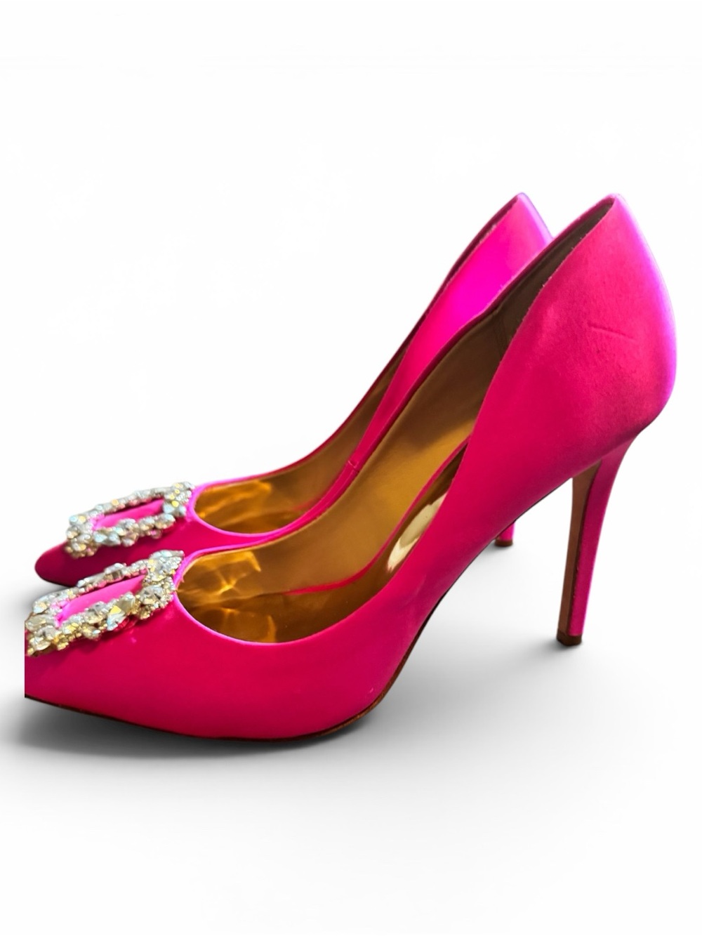 Badgley Mischka Fuchsia Satin Pointed-Toe Crystal Buckle Pumps - Picture 3 of 9